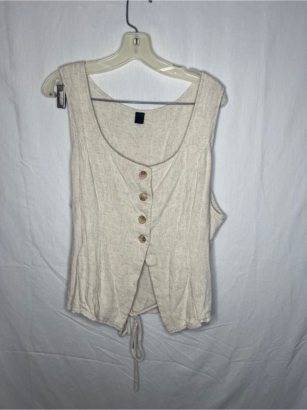 Boho Linen Blend Button Front Tank Top Cream Sleeveless Tie Hem